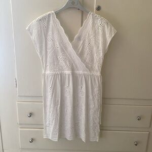 Cabi White Cotton V Neck Eyelet Swim Beach Pool Cover Up Dress Adjustable XS